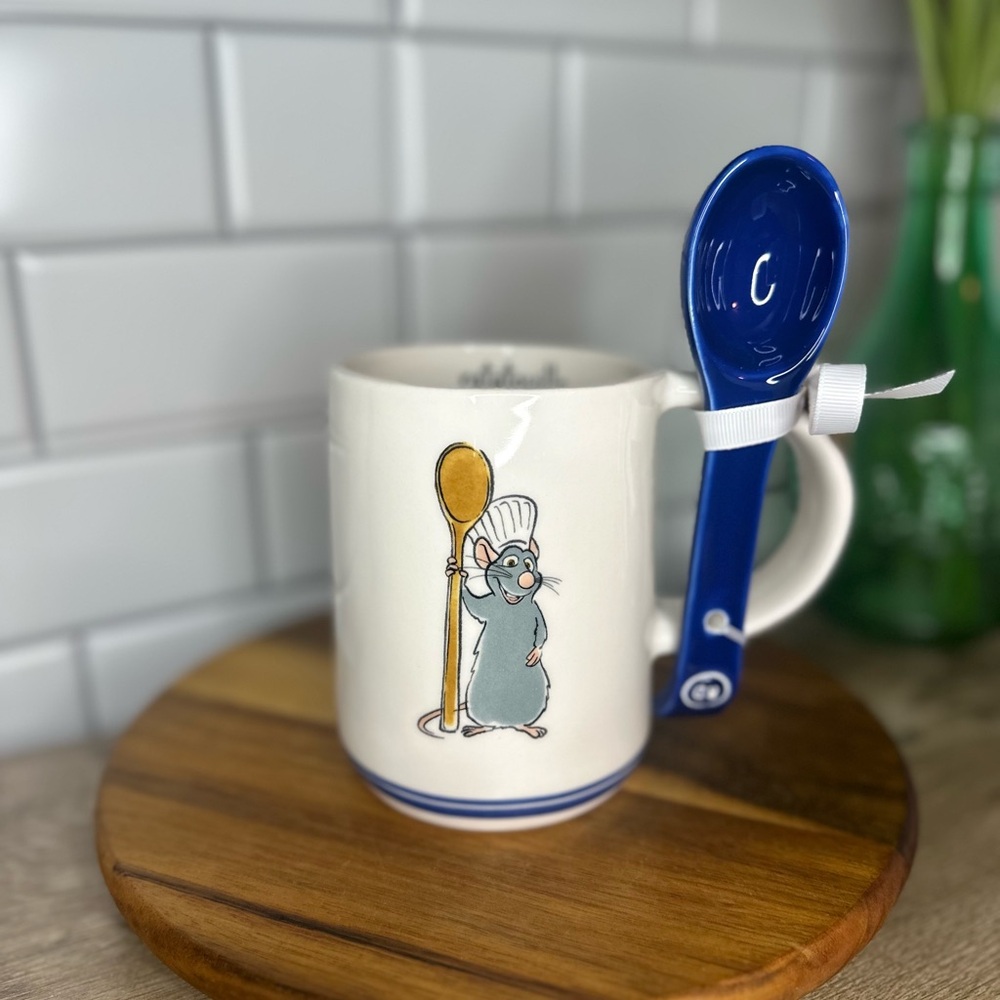 Rae Dunn x Disney Pixar Ratatouille Mug with a Blue Ceramic Spoon